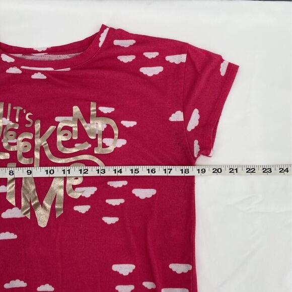 Dip Girls Graphic T-Shirt Pink White All Over Clouds Its Weekend Time Crew XL 16 - Picture 8 of 9